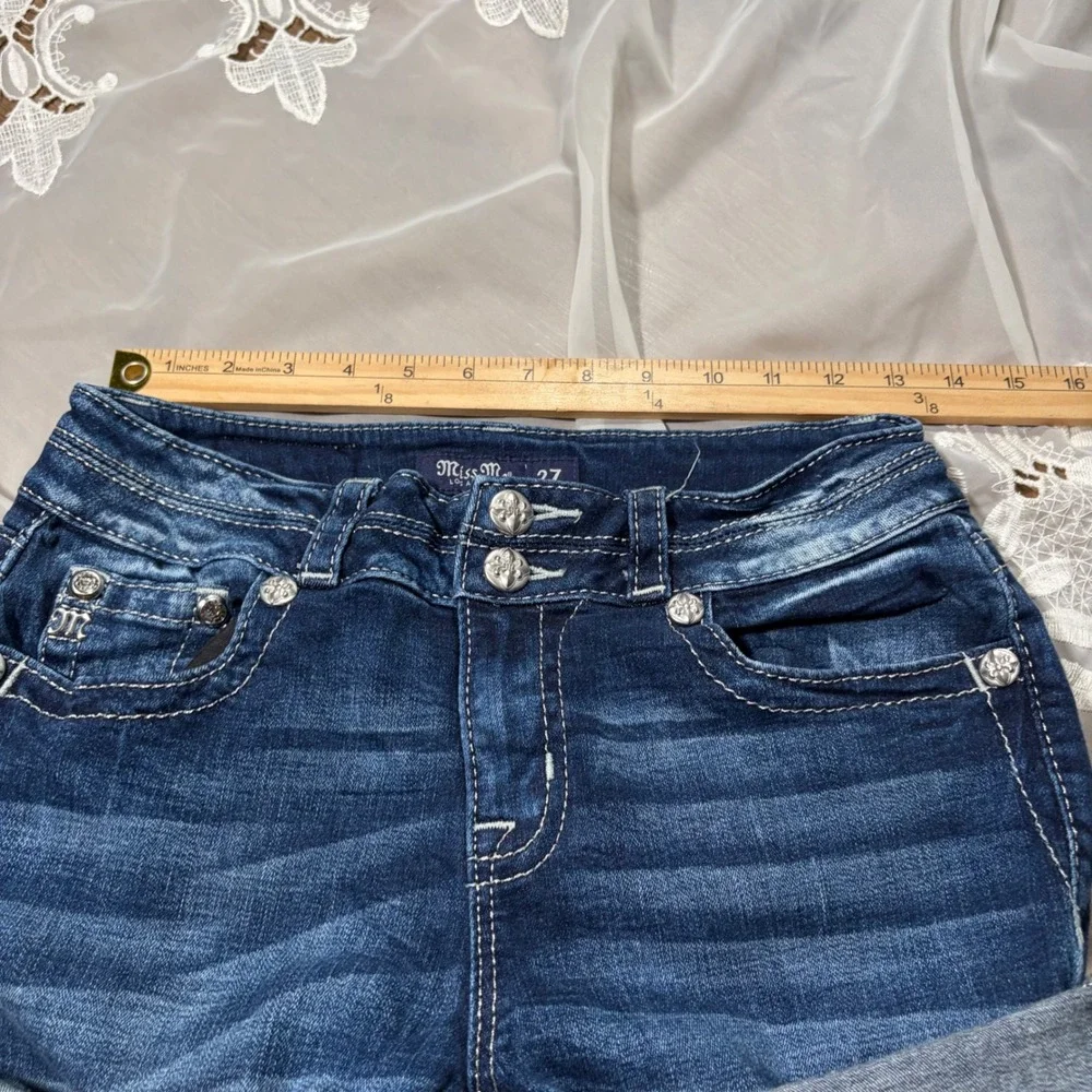 Y2K Mcbling Trashy Sleaze Miss Me Rhinestone Embellished Cuffed Denim Shorts 27